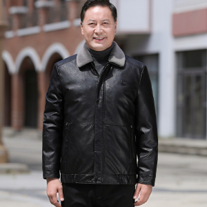 中老年商务休闲羽绒绒服男可脱卸内胆PU皮夹克羽绒真毛领2217P225图片