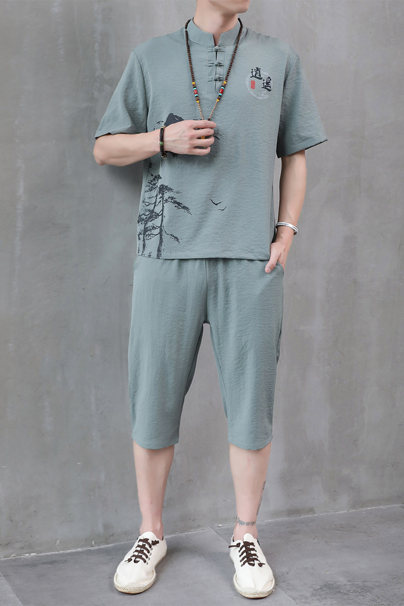 风套装男装夏季短袖t恤薄款唐装6分裤中裤工作服H1687P45,男装休闲套装,星座1010A-1