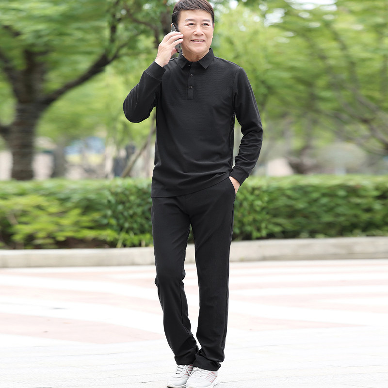 中老年休闲灯芯绒长袖POLO衫长裤子春秋长袖翻领T恤套装男5607P98,男装休闲套装,星座1010A-1