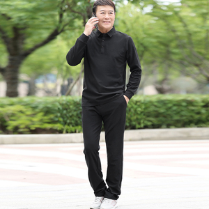中老年休闲灯芯绒长袖POLO衫长裤子春秋长袖翻领T恤套装男5607P98图片