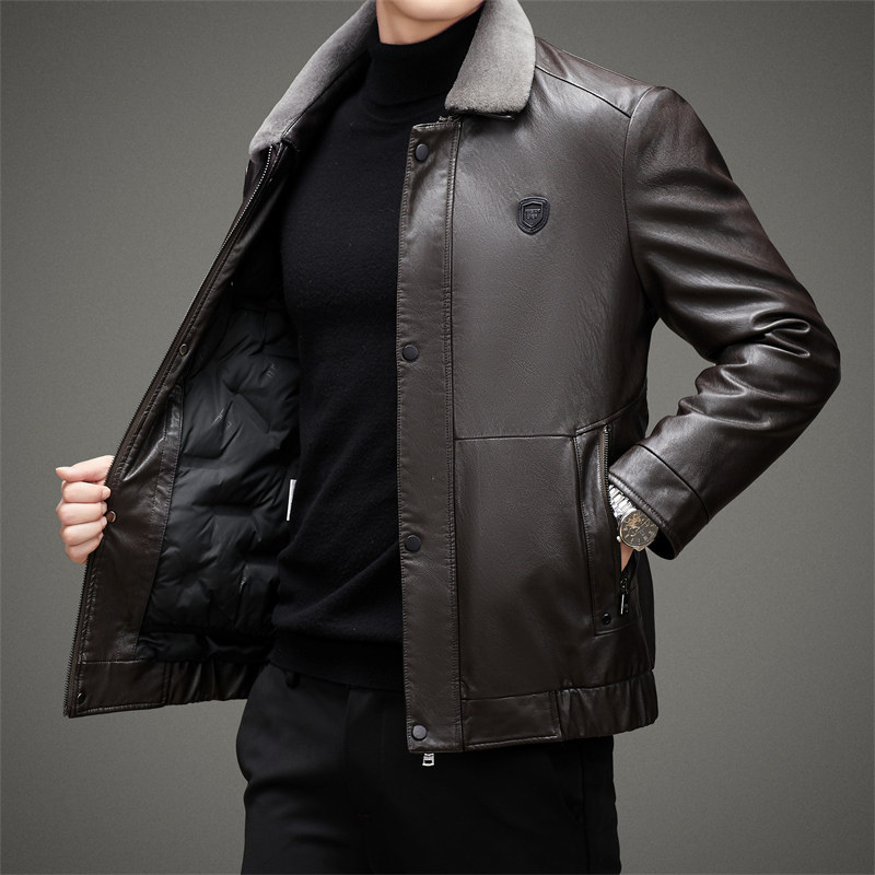 脱卸内胆羽绒服男中年翻领真毛领PU皮夹克羽绒冬装外套2217P225,男装羽绒服,星座1010A-1