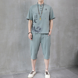 风套装男夏季短袖t恤薄款唐装6分裤采耳足浴工作服HP45，男装休闲套装，星座1010A-1