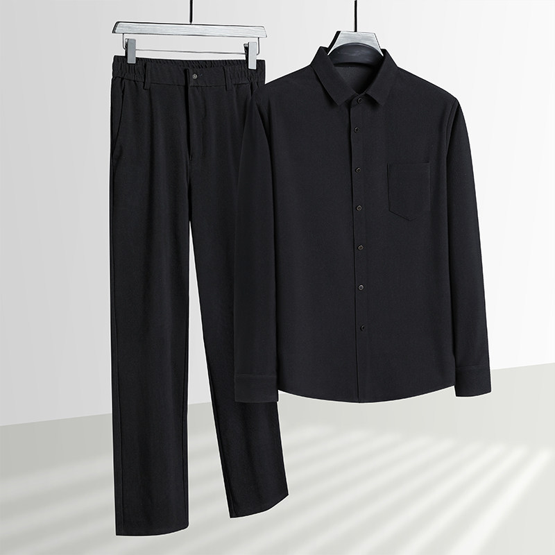 中老年春秋灯芯绒长袖衬衫套装男无缝衬衫松紧长裤两件套5608P98，男装休闲套装，星座1010A-1