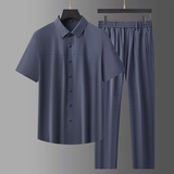 高弹锦氨中青年男士无痕压胶衬衫上衣长裤两件套男爸爸装5957P130，男装休闲套装，星座1010A-1