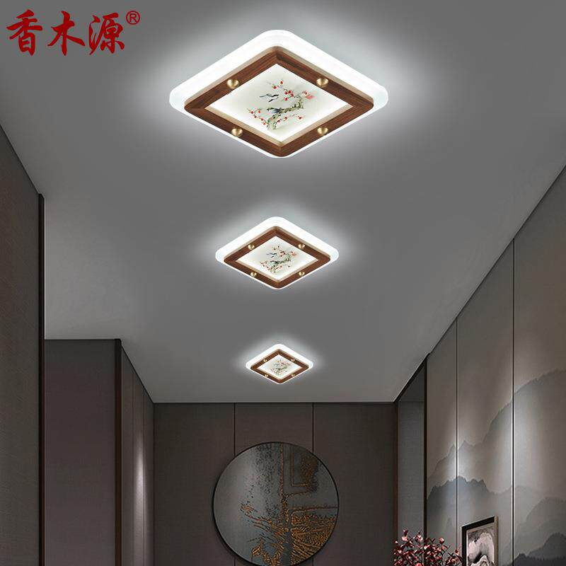 新中式过道吸顶灯黑胡桃实木亚克力珐琅彩led走廊玄关阳台灯8178