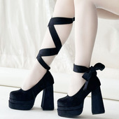 绑带优雅玛可爱丽珍单鞋 莉莉安小熊潘达原创lo鞋 防水台黑色高跟鞋