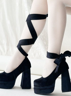 莉莉安小熊潘达原创lo鞋防水台黑色高跟鞋绑带优雅玛可爱丽珍单鞋