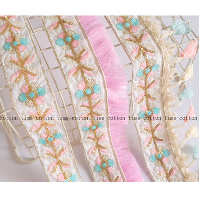 time蓝粉高定亮片金丝刺绣花边