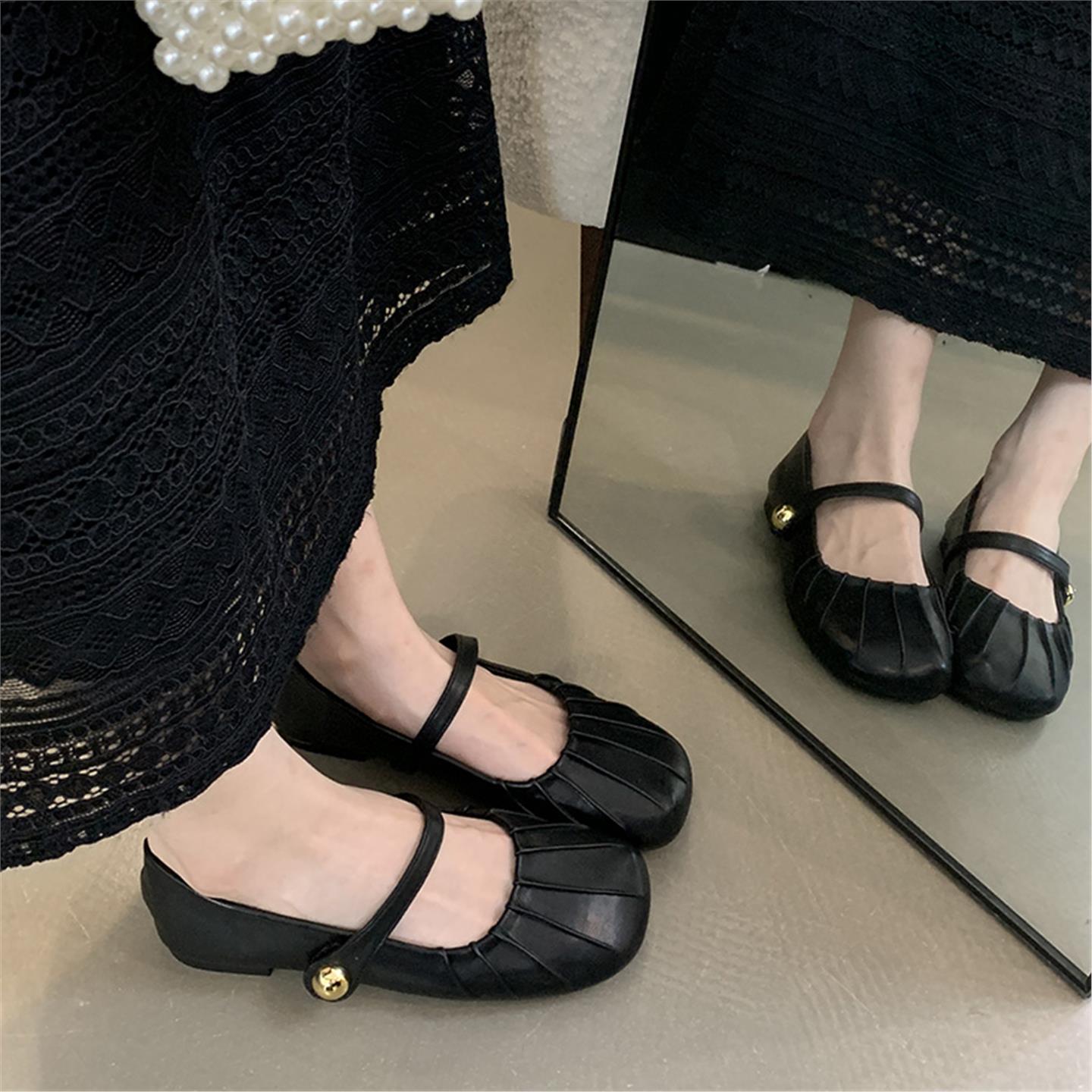 韩版褶皱设计浅口平底玛丽珍鞋女2024年春秋新款圆头百搭法式单鞋