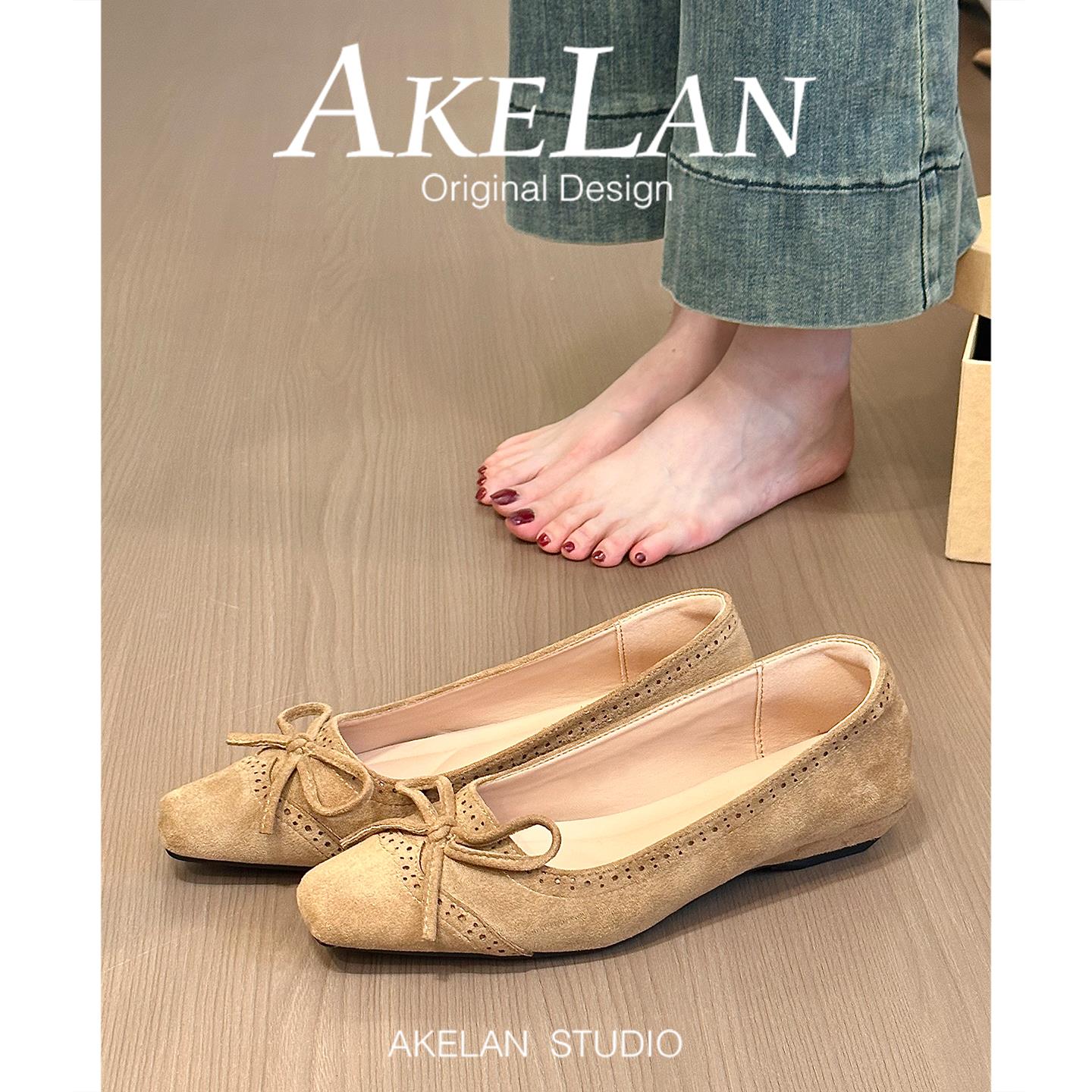 羊皮版~绒面复古雕花方头浅口单鞋女配裙子蝴蝶结通勤坡跟奶奶鞋