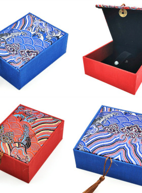绣花海浪珠宝首饰饰品收纳盒吊挂坠手镯盒串链子红蓝色礼品珠宝盒