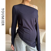 优密儿孕妇装 t恤中长款 秋装 孕妇一字领露肩长袖