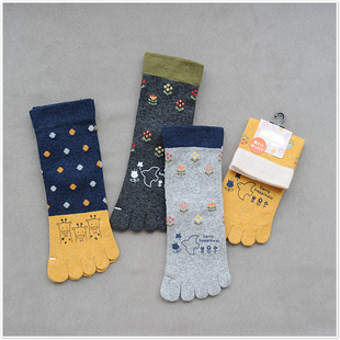 春秋松口五指袜女纯棉中筒点胶孕妇宽口可爱圆点花朵全棉分趾袜子