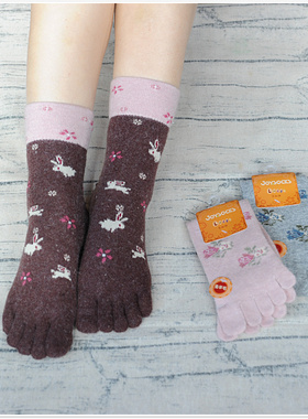 外贸日本秋冬保暖加厚兔羊毛五指袜女黑色碎花松口麋鹿脚趾袜子