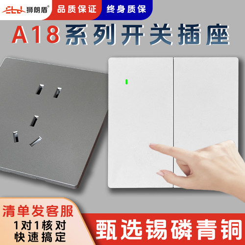 狮朗盾A18白色钢化玻璃超薄LED指示灯86型暗装墙壁插座闭火开关