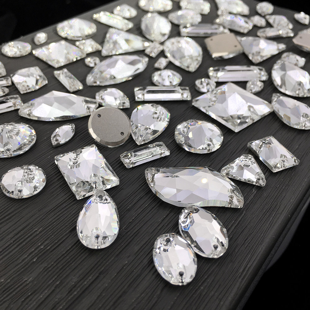 倒边平扣双孔手缝石精品K9白色手工DIY玻璃水晶钻石服饰鞋包镶钻