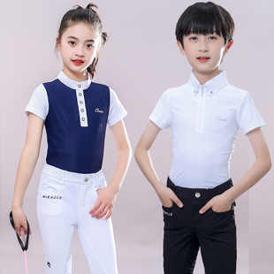 夏季儿童马术t恤速干骑马短袖上衣男童polo衫竞赛服女儿童骑装服