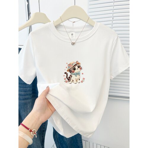 大码胖mm遮肉显瘦正肩t恤女短袖夏季减龄可爱猫咪印花圆领上衣潮