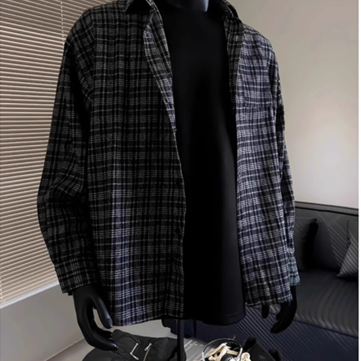 美式复古黑色格子衬衫男夏季美拉德穿搭纯棉格纹长袖衬衣内搭外套