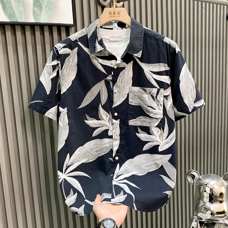 夏季潮牌树叶印花清新短袖衬衫男士轻奢时尚百搭文艺休闲宽松衬衣