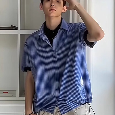 皇家蓝色格纹短袖衬衫男款夏季