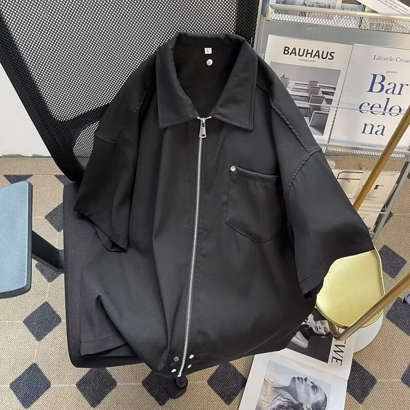 美式复古雅痞黑色拉链短袖衬衫男