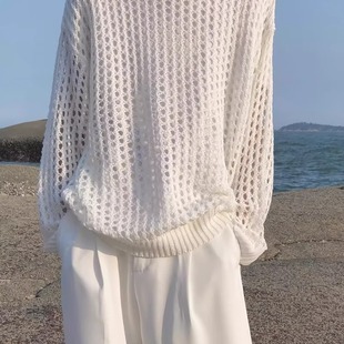 夏季 冰丝镂空薄款 防晒针织衫 毛衣男女oversize纯色圆领百搭网眼衫