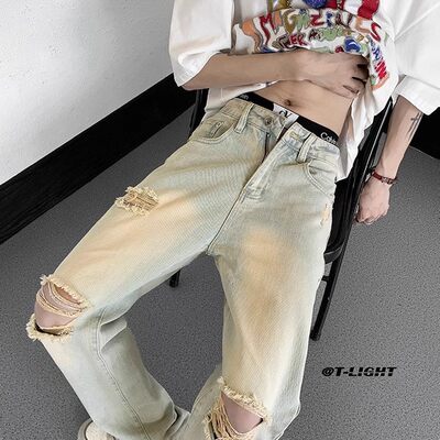 水洗黄泥破洞牛仔裤男款夏季美式