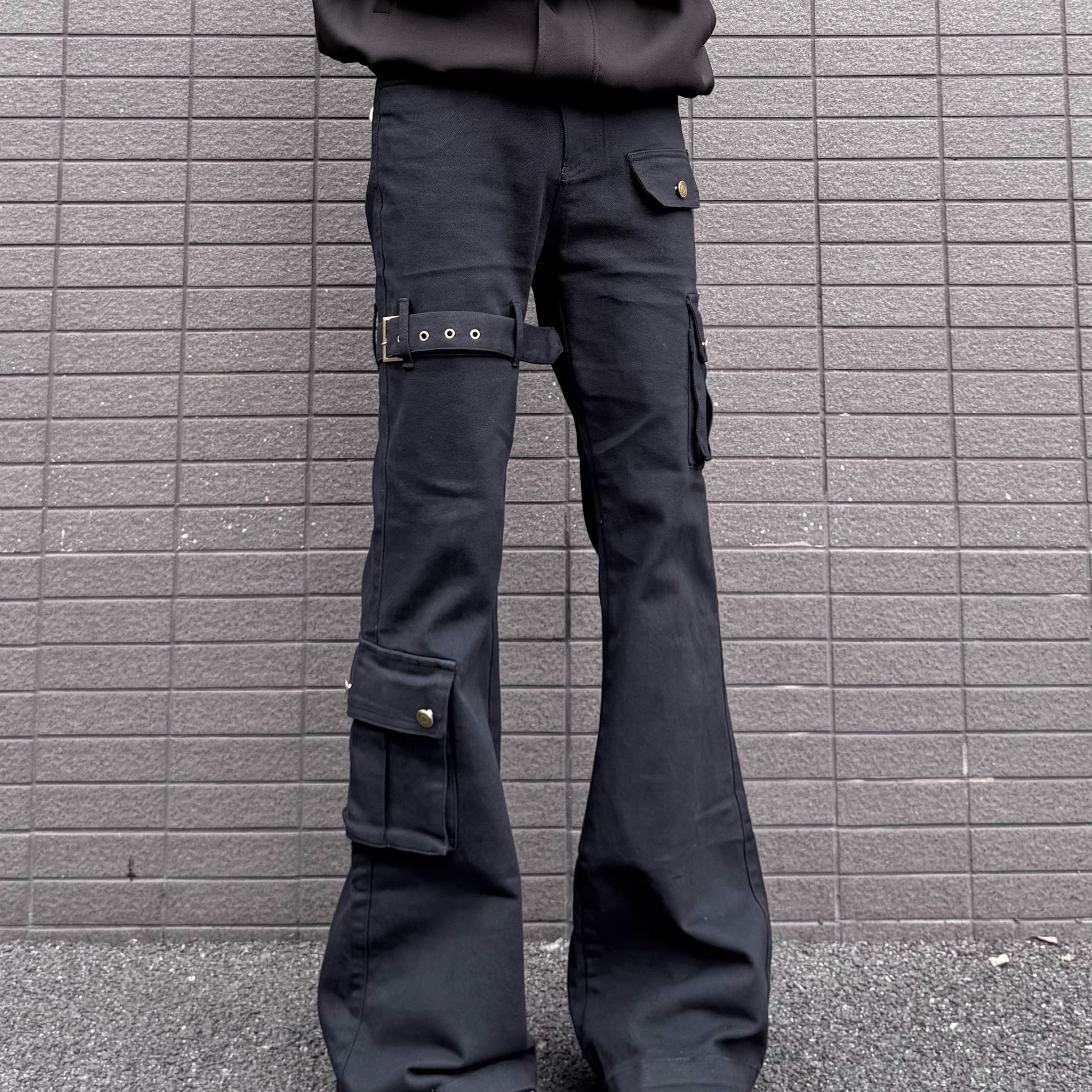 黑色vibe绑带微喇工装牛仔裤男夏