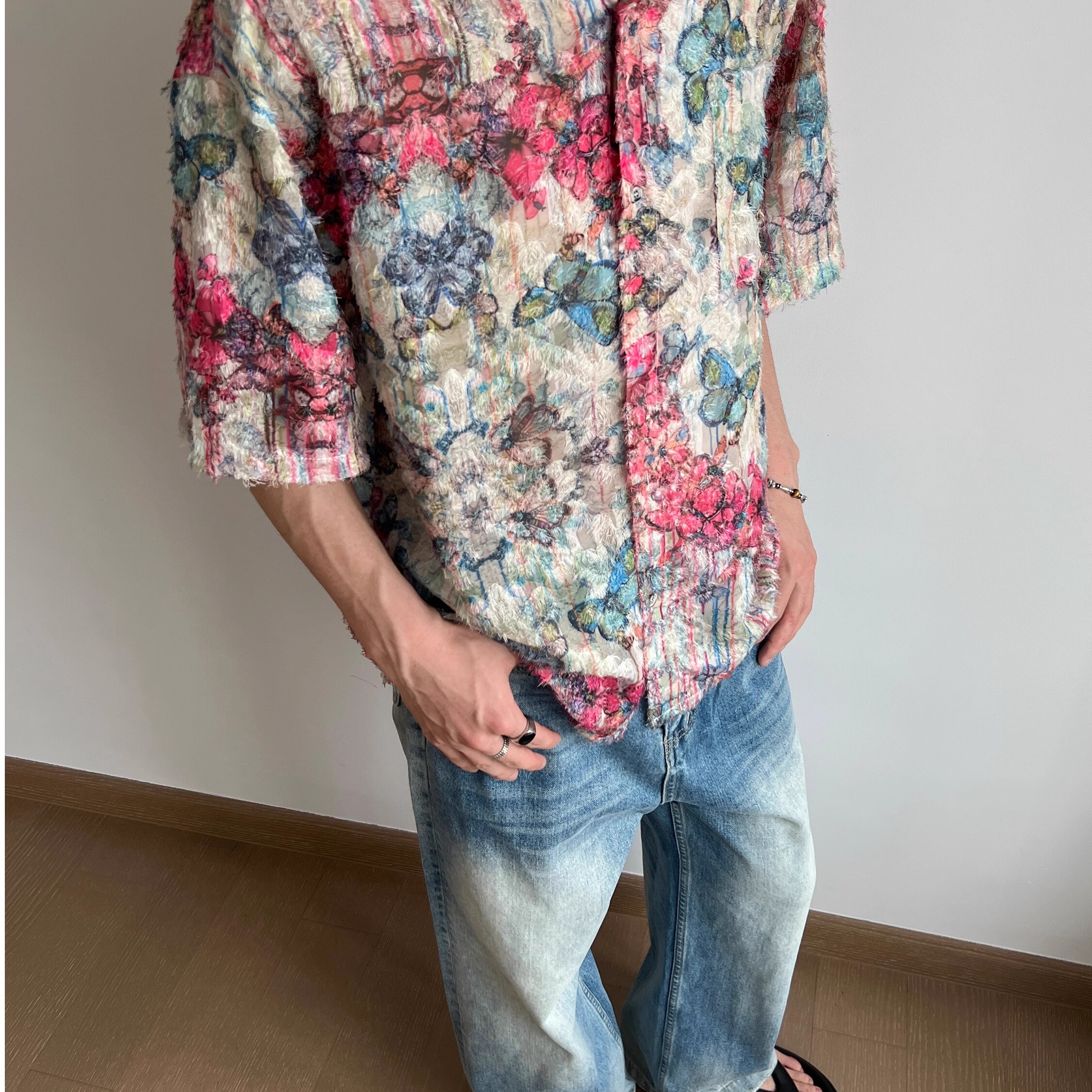 泼墨涂鸦短袖衬衫男夏季五分袖