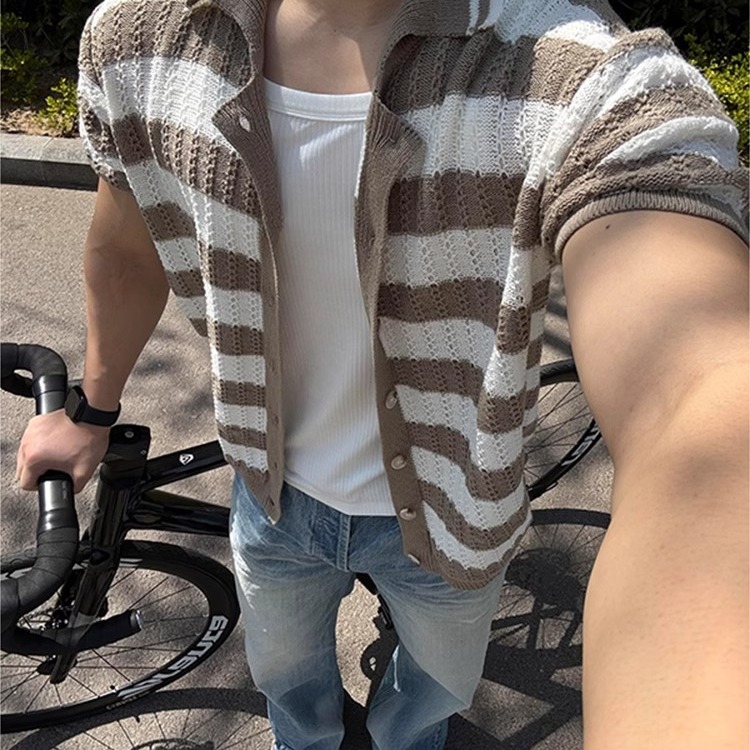 蓝色条纹开衫针织短袖男款夏季