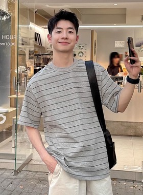 280g灰色圆领条纹短袖T恤男生2025新款夏季纯棉宽松休闲套头上衣