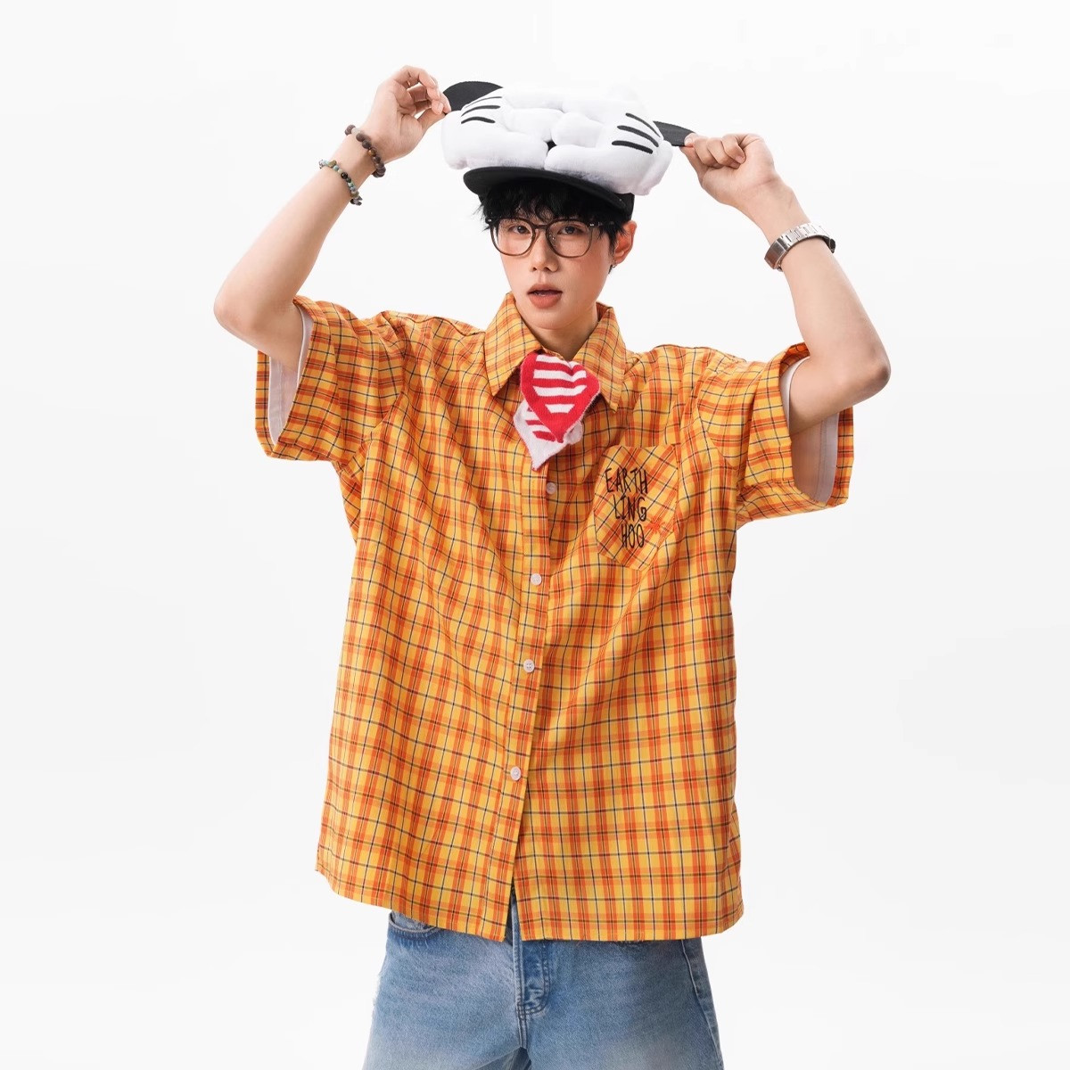 多巴胺黄色格子短袖衬衫男女夏季