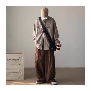 春秋日系风格穿搭复古条纹衬衫男女宽松百搭休闲长袖工装衬衣外套
