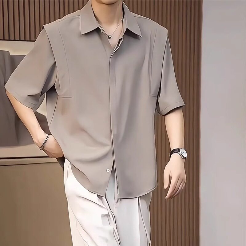 高级垂感冰丝短袖衬衫男夏季半袖上衣韩版潮流纯色免烫中袖衬衣