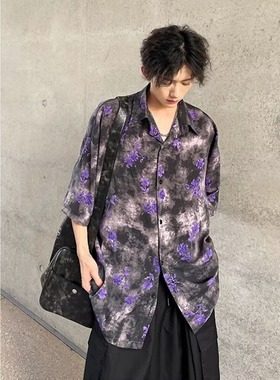紫色花卉满印短袖衬衫男女宽松垂坠美式复古vintage夏威夷风衬衣