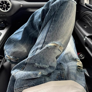 美式复古闪电纹乞丐破洞牛仔裤男2025新款设计感阔腿微喇高街裤子