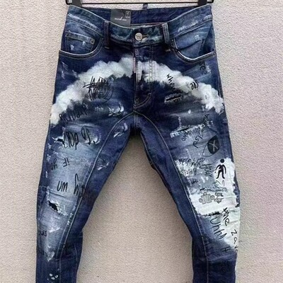 新款D2带小人破洞补丁潮牌轻奢