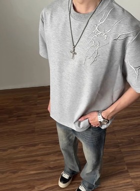 花灰色暗纹闪电刺绣t恤男款夏季300g重磅美式复古短袖高街半截袖