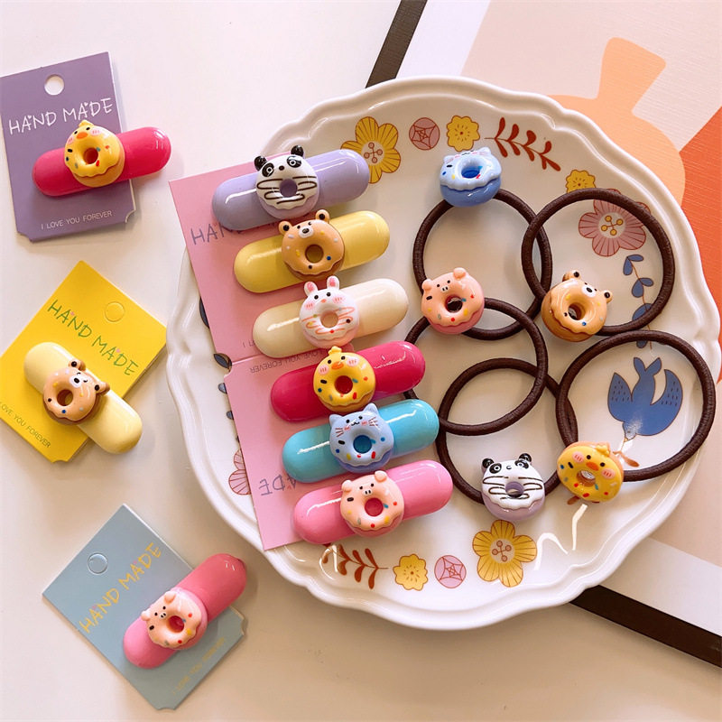 in儿童款夏日滴油彩色甜甜圈鸭嘴夹女童宝宝大号发圈马尾头绳发卡