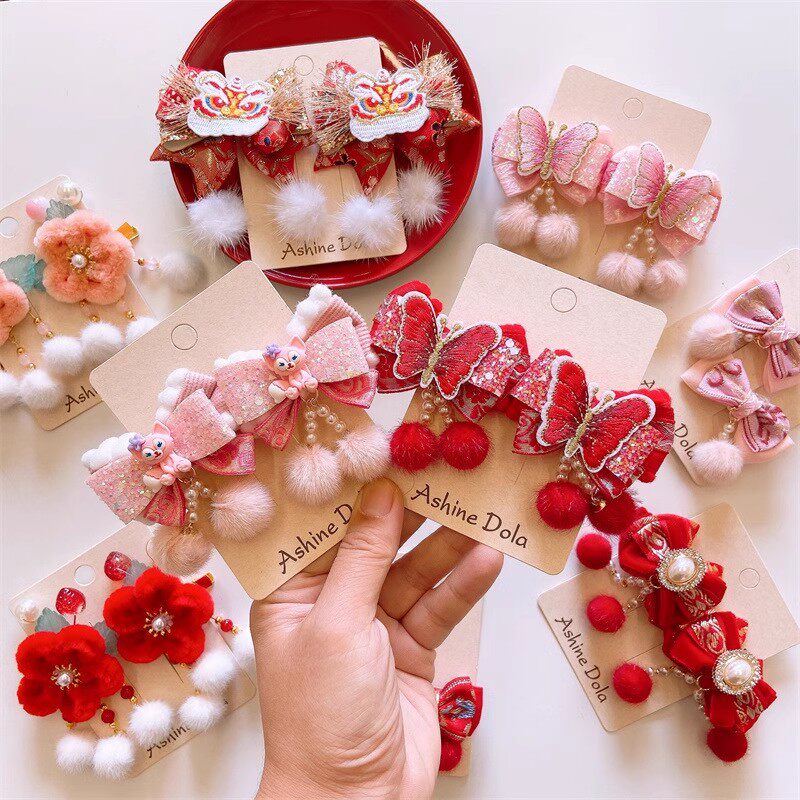 儿童新年大红老虎发饰宝宝汉服夹红色中国风女童毛线花朵蝴蝶对装,童装/婴儿装/亲子装,发饰,淘宝优惠券,粉丝福利购,淘宝优惠卷