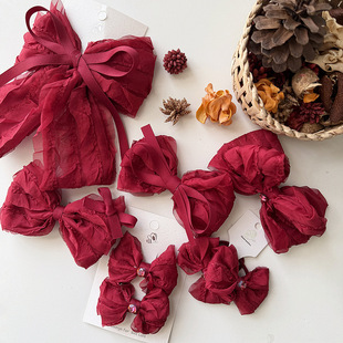 韩版冬新年红色系木耳边雪纺布艺公主风蝴蝶结压夹立夹飘带夹发圈