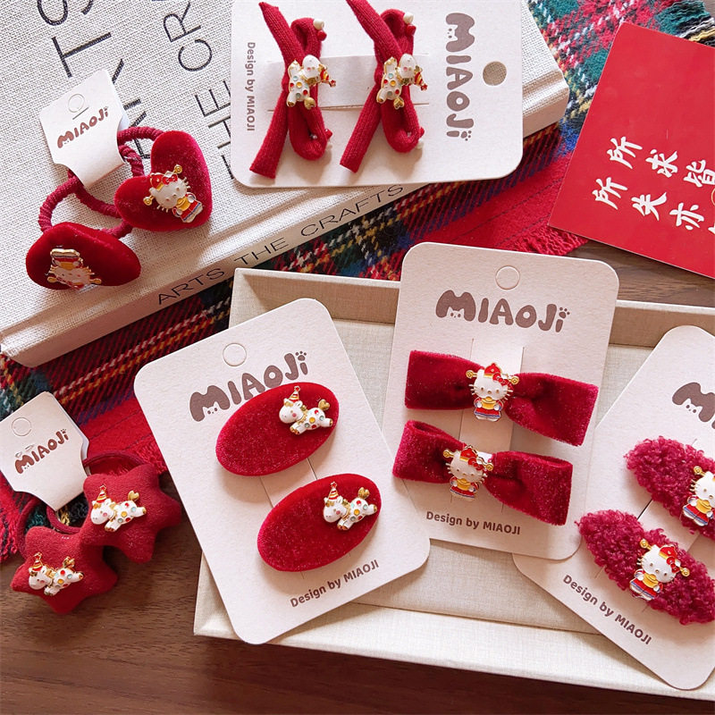 韩版大红色系卡通人物BB发夹女童羊羔毛亲子款红色系新年蝴蝶结夹