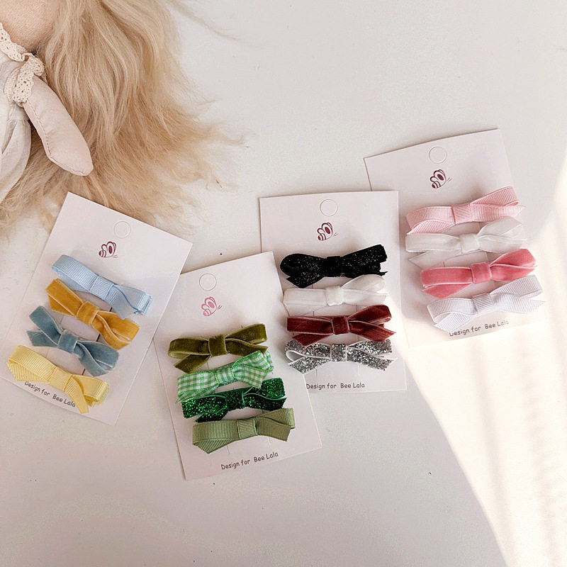 新款早春可爱儿童撞色丝绒织带蝴蝶结4件套儿童女宝发饰头饰压夹