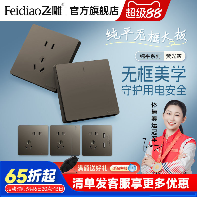 飞雕荧光灰一开单控五孔开关插座图片