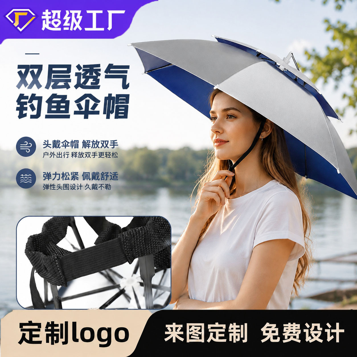 厂家批发垂钓鱼帽伞户外折叠晴雨伞大号成人头戴伞帽男女定制logo