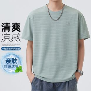 2026新款夏季男士短袖T恤玉米格提花冰丝青少年夏季男式休闲圆领