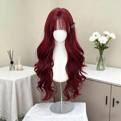 秋冬款酒红色长卷发女款空气刘海