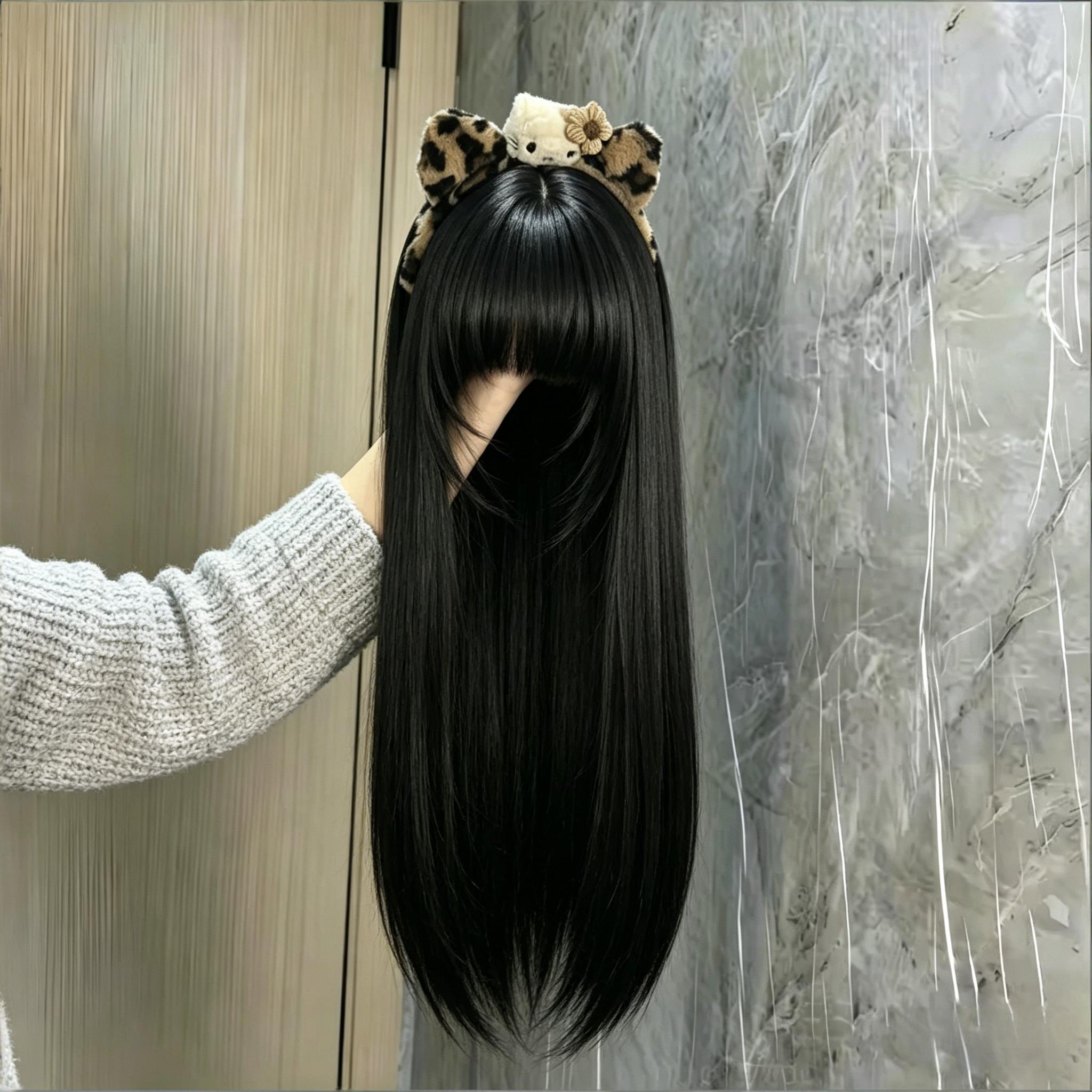 假发女齐刘海长直发自然黑lolita