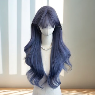 假发雾霾蓝紫灰色长发长卷发空气刘海自然氛围感仿真大波浪全头套